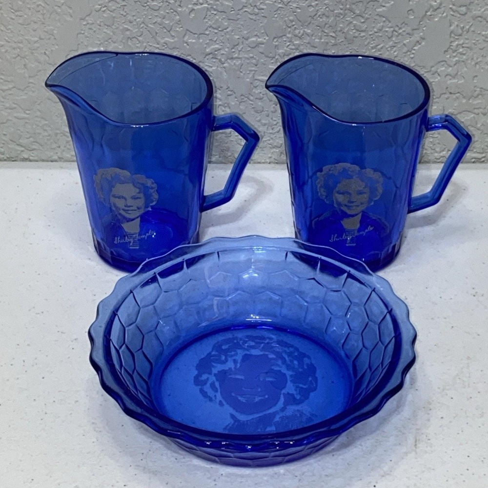 VTG 1930s Shirley Temple Cobalt Blue Hazel Atlas Glass Cereal Bowl 2 Pitchers